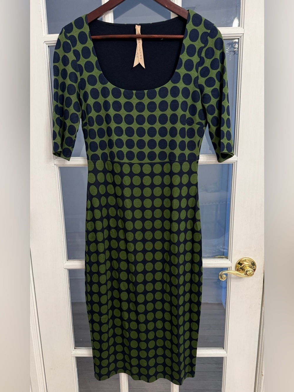 ANTHROPOLOGIE Bailey 44 Women’s Green Navy Polka Dot Midi Dress Size M